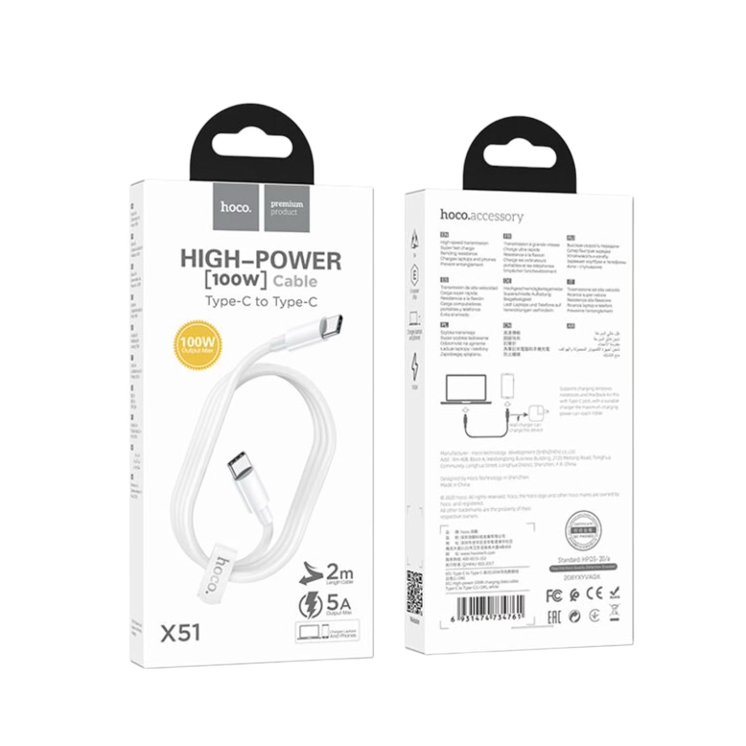 Cable USB-C 100W Hoco X51 – Carga Rápida y Durabilidad